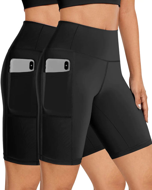 Biker Shorts Women Tummy Control Pockets Yoga Workout Stretchy Spandex Shorts Leggings Athletic Running Compression Shorts Tights Knee Length Ladies Long Slip Booty Shorts Under Dresses 2 Black